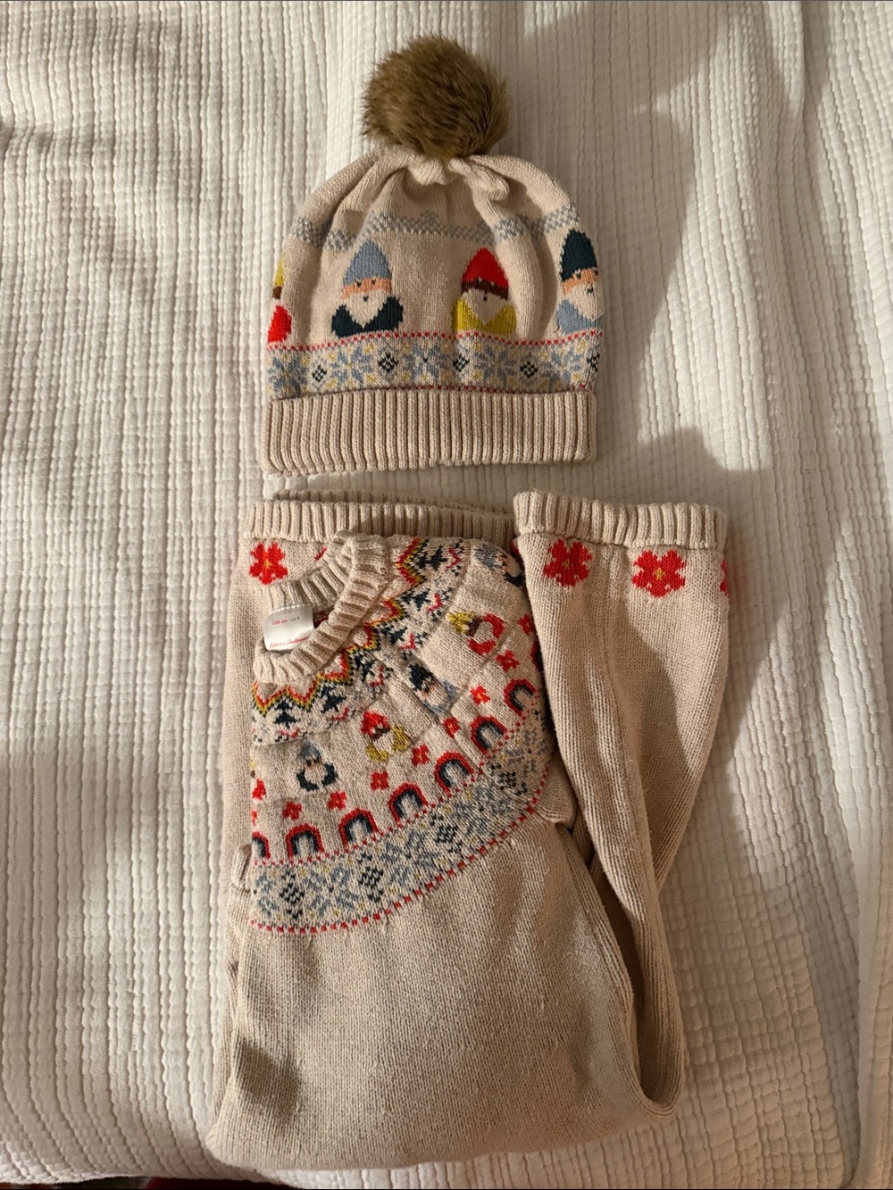 Hannah Anderson Kids Beige Nordic Knit Hat and Sweater Set with Pom Pom